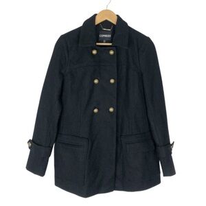 Express Women Double Breasted Wool Blend Coat Black Brass Buttons Military Style